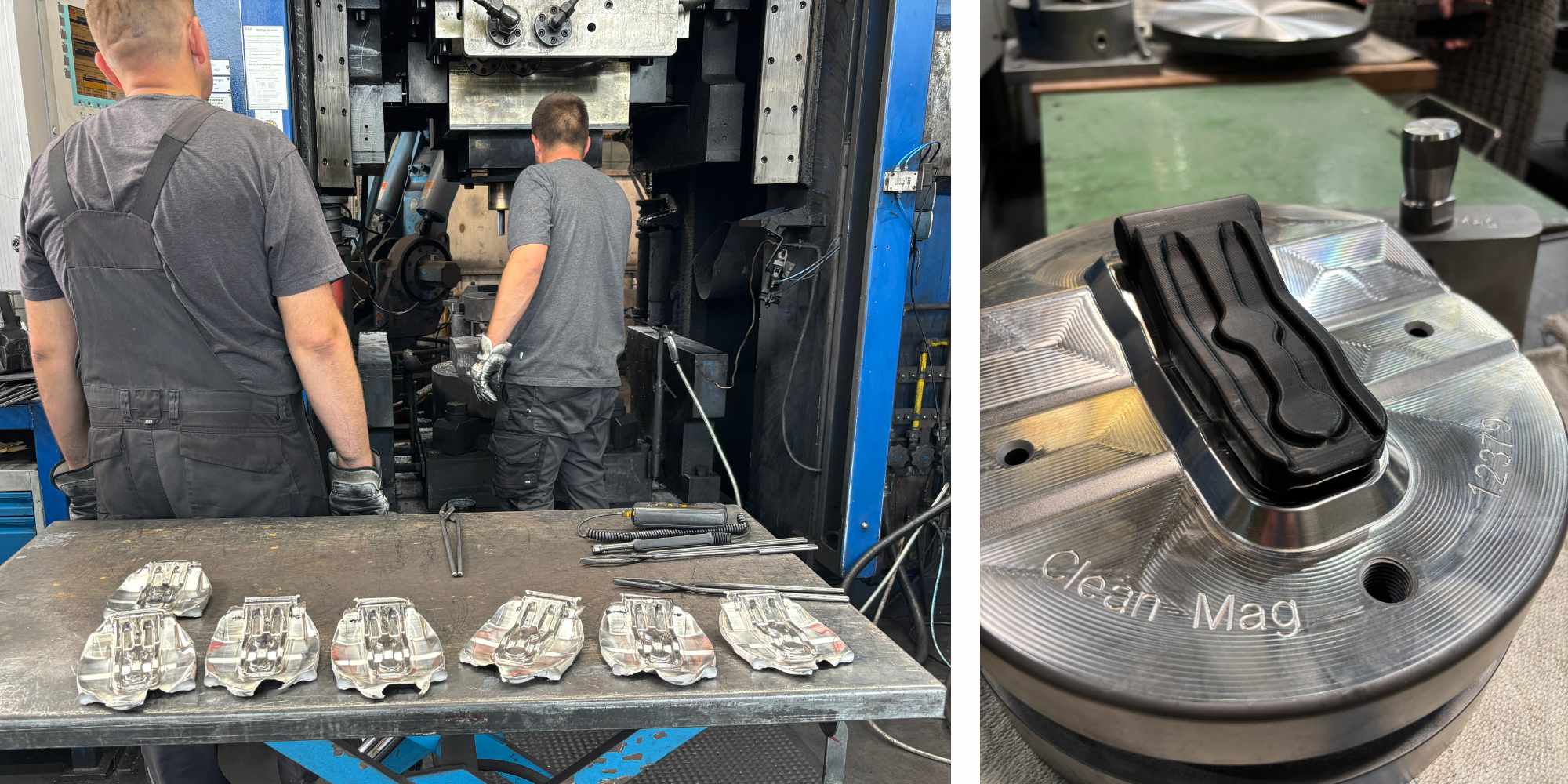 Beim fünften Projekttreffen bei der Weisensee Warmpressteile GmbH in Eichenzell ist links zu sehen, wie Mitarbeiter an einer Warmpressanlage (Gesenkschmieden) die Herstellung von Magnesium-Leichtbaukomponenten demonstrieren, auf einem Tisch liegen mehrere gefertigte Teile. Rechts ist eine Nahaufnahme eines Werkzeugs mit eingelegtem Magnesiumbauteil zu sehen.