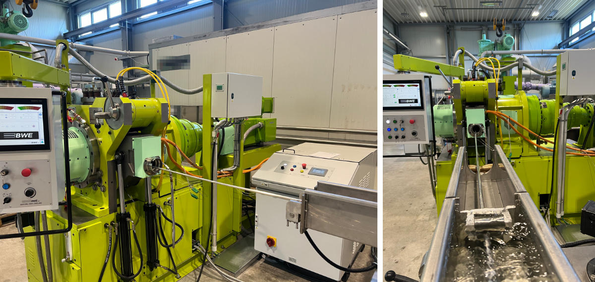Auf dem ersten Bild verlässt ein Magnesiumdraht die in Betrieb genommene Magnesiumanlage. er Magnesiumdraht aus der Konformanlage mündet in dem zweiten Bild in ein Kühlbad.